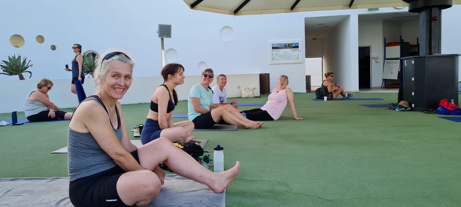 Sarah Lewis-Briggs and her friends stretching